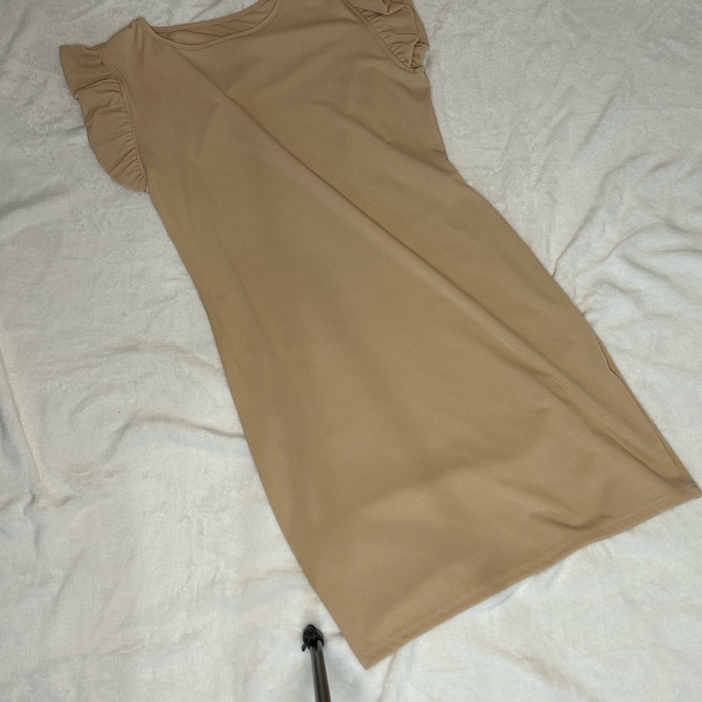 Chic Beige Ruffle Sleeve Dress